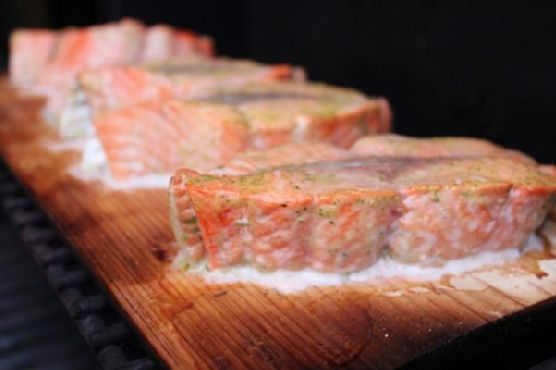 Cedar-planked salmon with mustard dill sauce