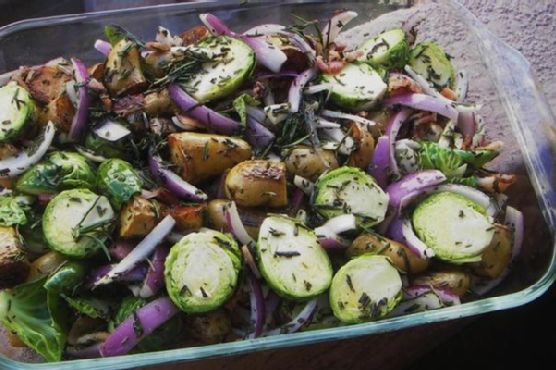 Roasted fingerling potatoes and brussels sprouts