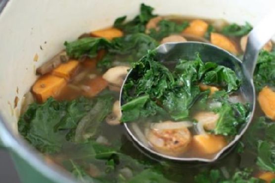 Kale and roasted sweet potato soup with chicken sausage