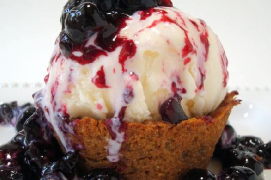 Blueberry-lavender sauce and ginger snap ice cream cups