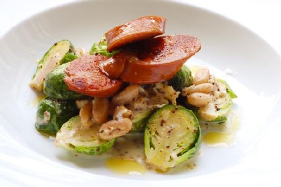 Kielbasa with brussels sprouts in mustard cream sauce