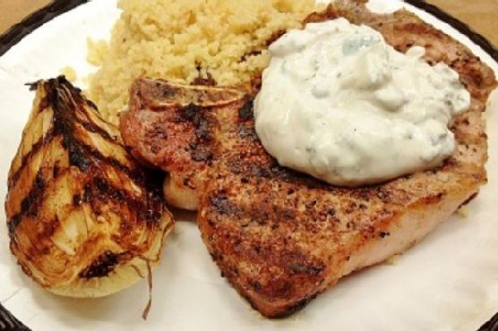 Garam masala pork chops with mint yogurt and spiced couscous