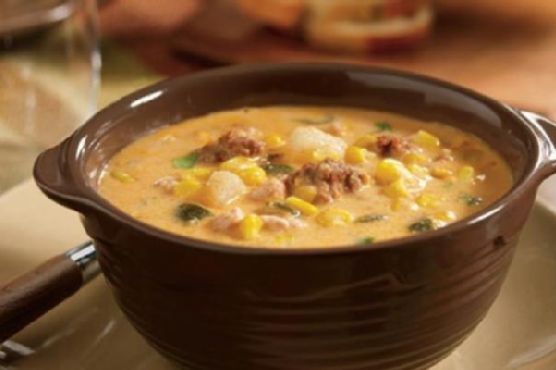 Slow cooker poblano corn chowder with chicken and chorizo