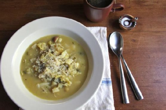 Savoy cabbage celery root soup with leek confit