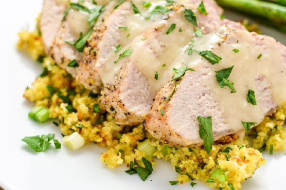 Roasted lemon pepper pork tenderloin with cornbread stuffing