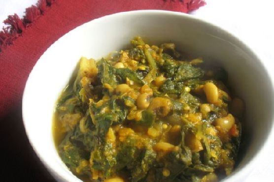 Spicy black-eyed pea curry with swiss chard