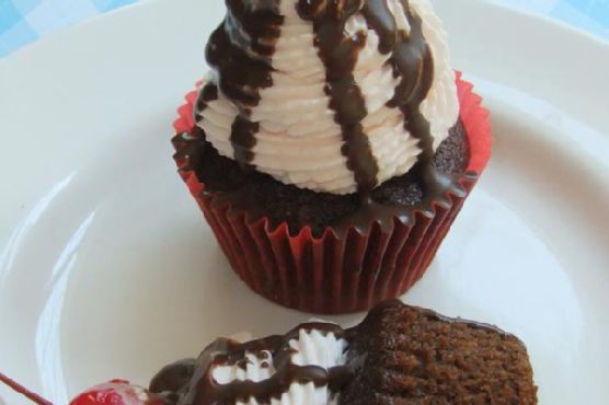 Cherry coke float cupcakes with chocolate shell