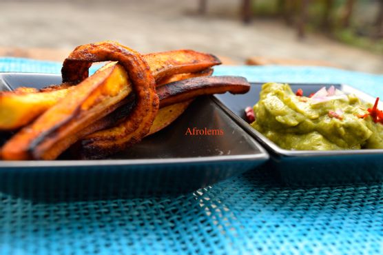 Buttered plantain fries and seasoned avocado