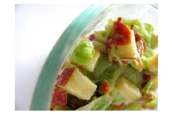 Kohlrabi salad with apple, bacon, and snow peas