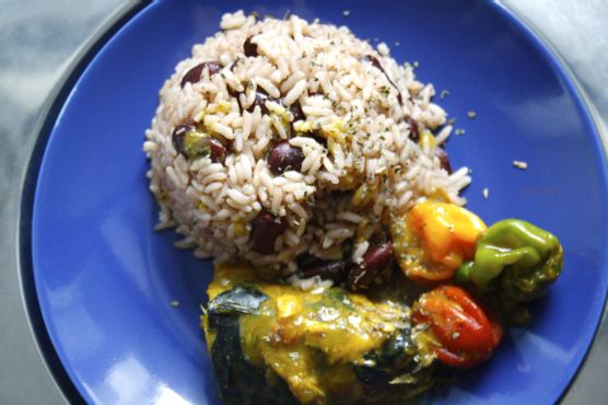 Rice and peas with coconut curry mackerel