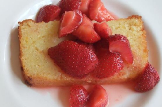 Ricotta orange pound cake with amaretto strawberries