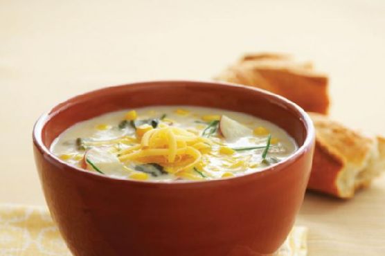 Corn chowder with potatoes, poblanos, and smoked gouda