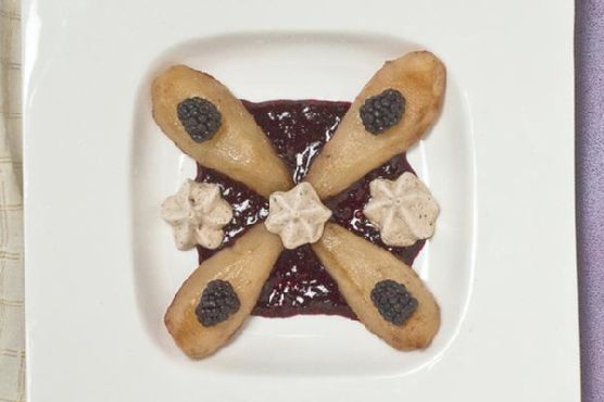 Oven roasted pears with blackberry sauce