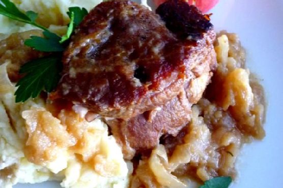 Cider-braised pork shoulder with caramelized onion and apple confit