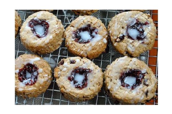 Raspberry thumbprint wholewheat scones with macadamia nuts