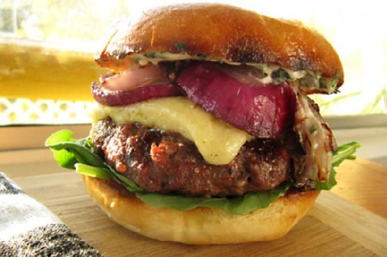 Grilled chuck burgers with extra sharp cheddar and lemon garlic aioli