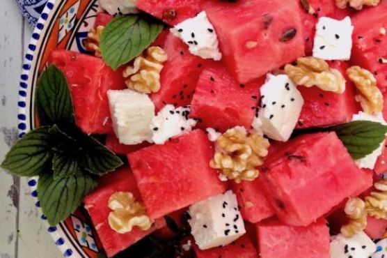 Watermelon salad with feta, walnut & nigella seeds