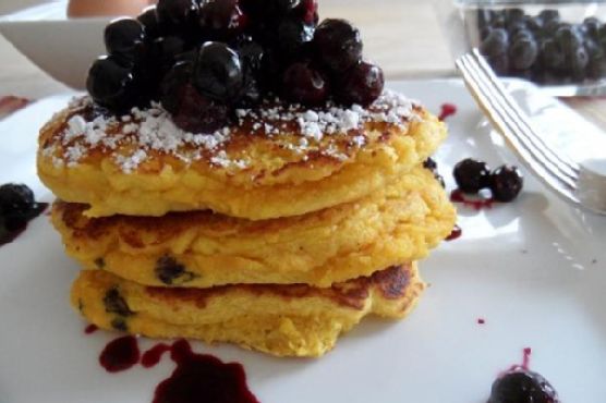 Coconut flour pancakes with blueberry honey compote