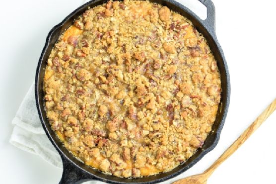 Skillet sweet potato casserole with bacon, brown sugar crumble