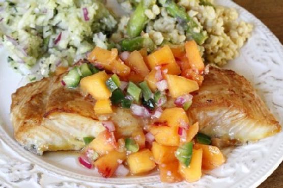 Soy ginger glazed halibut with peach relish