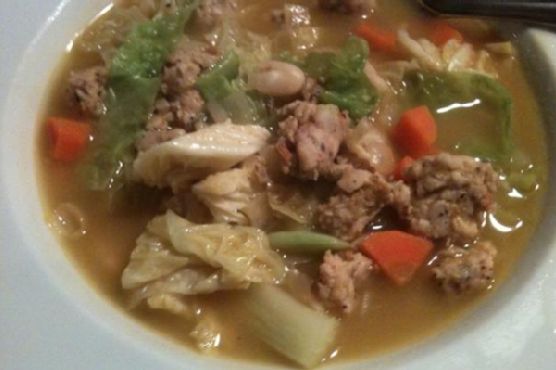 Chicken sausage, white bean and cabbage soup