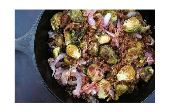 Roasted brussels sprouts with red onions and pancetta