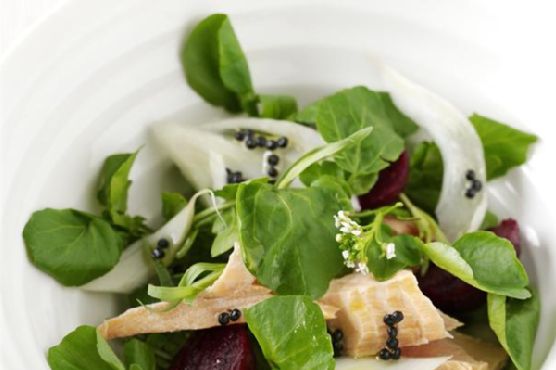 Salmon watercress fennel beetroot salad with lemon dressing