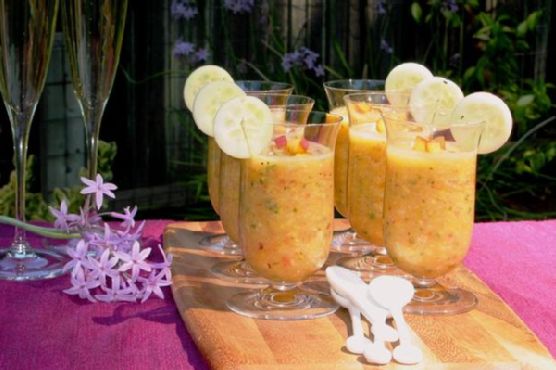 Organic peach cucumber golden tomato gazpacho