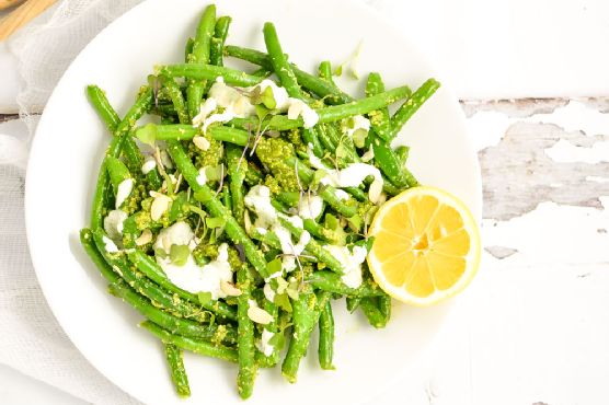 Snap pea and green bean salad with arugula pesto