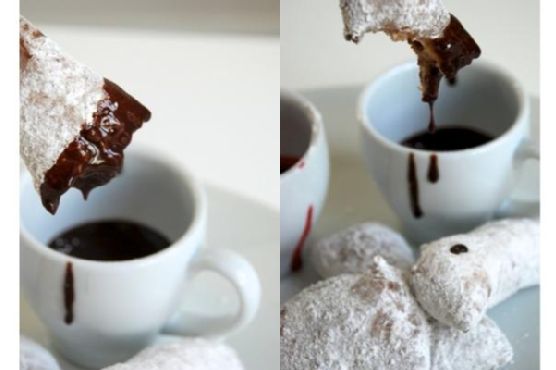 Powdered buttermilk beignets with raspberry chocolate sauce