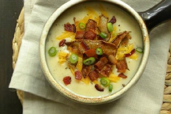 Loaded baked potato soup with crispy potato skins